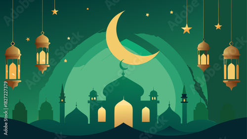 Illustration of a mosque with a crescent moon lanterns and stars in green tones for ramadan kareem
