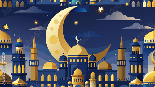 Illustration of a golden crescent moon over a cityscape with mosque domes and minarets at night