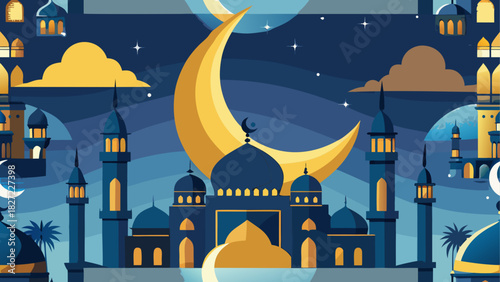 Illustration of a crescent moon over a mosque with stars clouds and lanterns in a night scene