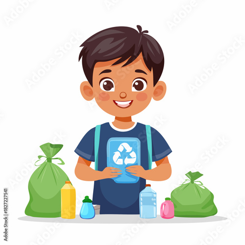 Happy Boy Recycling At A Table With Recyclables.