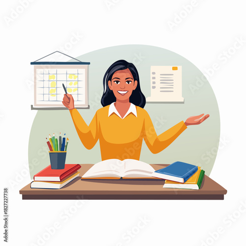 Confident Female Teacher Demonstrating Lesson at Desk.