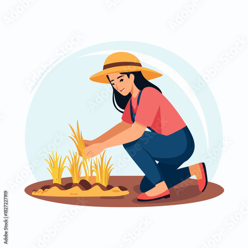 Farmer kneeling planting rice seedlings in field.