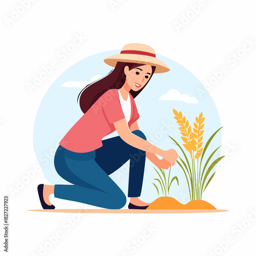 Gardener in a Hat Tending Crops Outdoors.