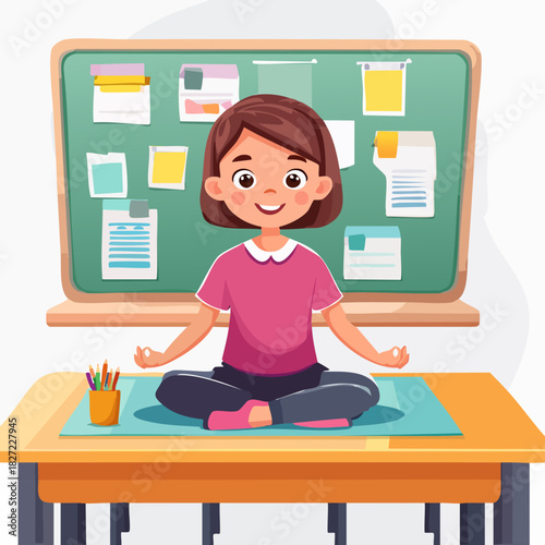 Young girl meditating on classroom desk.
