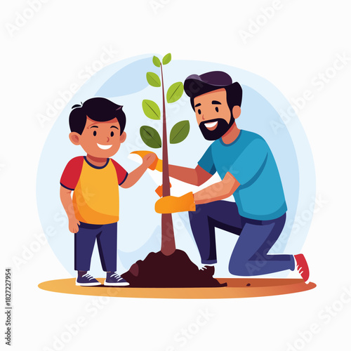 Two people planting a young tree sapling together.