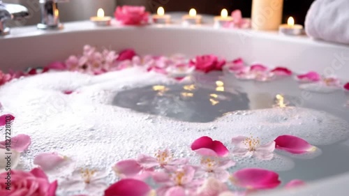 A luxurious bubble bath adorned with pink rose petals and candles for ultimate relaxation