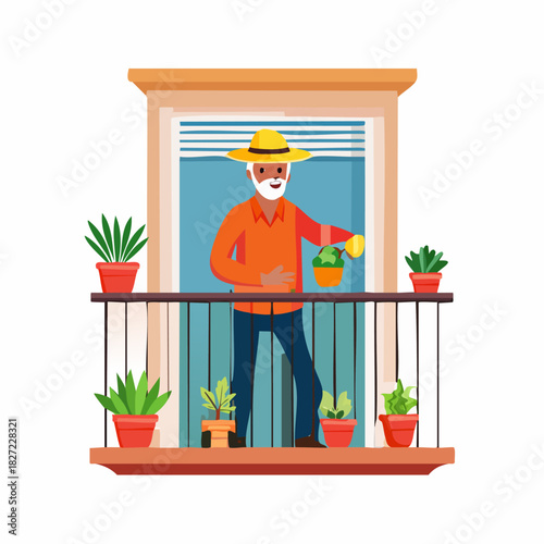 Gardener standing on balcony tending potted plants.