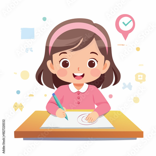 Young girl writing at desk study session illustration.