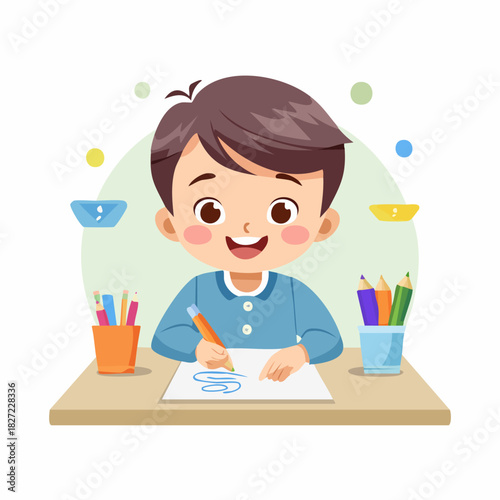 Young Child Drawing at Desk Creative Expression.