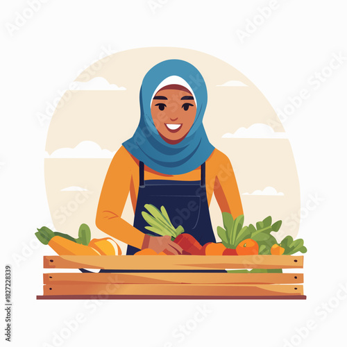 Female farmer arranging fresh vegetables in crate.
