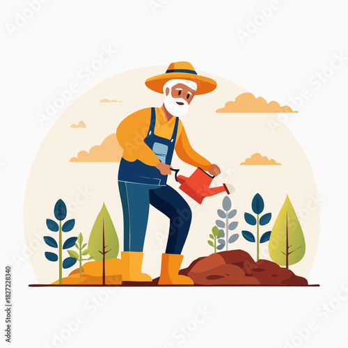 Gardener Planting Seeds In Garden Scene.