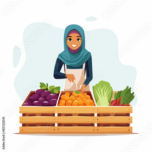 Female vegetable vendor wearing hijab arranging crates.