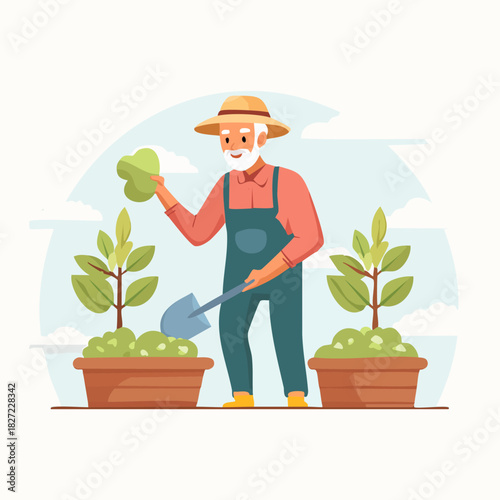 Gardener tending plants in a garden with tools and hat.