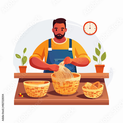 Baker kneading dough in a kitchen with baskets.