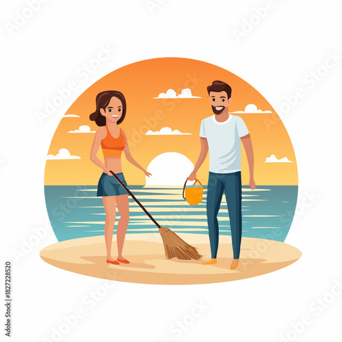 Couple Walking on Beach With Dog At Sunset.