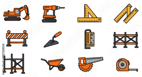 Construction Tools and Equipment Icons Set for Building Projects.