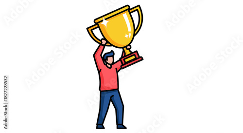 Person Celebrating Victory by Holding a Golden Trophy Above Head.