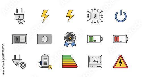 Collection of energy and power related icons and symbols.