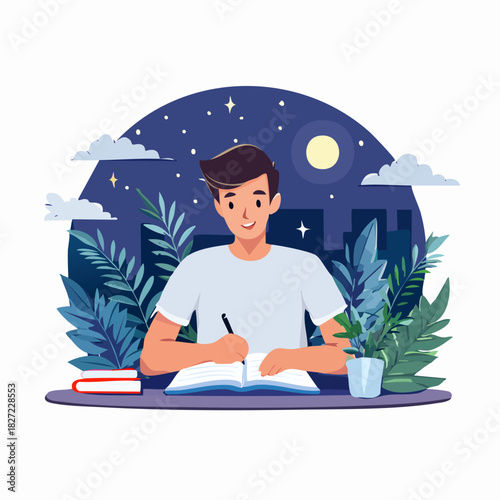 Young person studying at desk with notebook and pen.