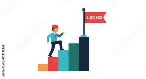Man Climbing Steps to Success with Flag at the Top.