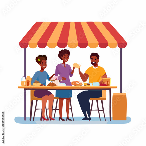 Three Friends Dining At Outdoor Food Stall.