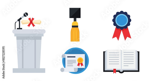 Graduation Ceremony Elements - Podium, Cap, Award, Diploma, and Open Book.