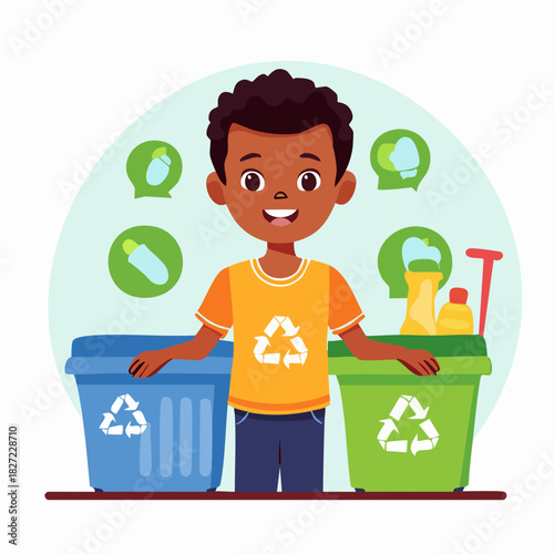 Cheerful child placing recycling into bins.