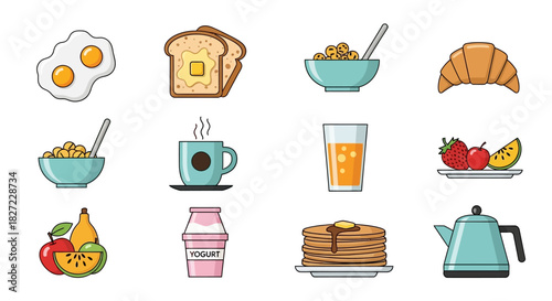 Breakfast Food Icons - Eggs, Toast, Cereal, Croissant, Coffee, Juice, Fruit, Yogurt, Pancakes, Teapot.