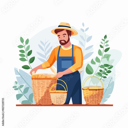 Friendly Farm Worker Harvesting Baskets Outdoors.