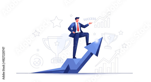 Businessman Standing on Arrow Pointing Upward, Symbolizing Success and Growth.