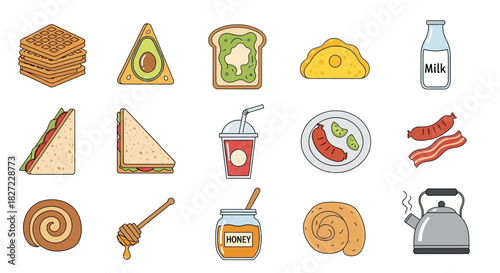 Assortment of Breakfast Food Icons - Toast, Sandwiches, and Beverages.