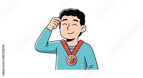 Cartoon boy wearing a gold medal and thinking.