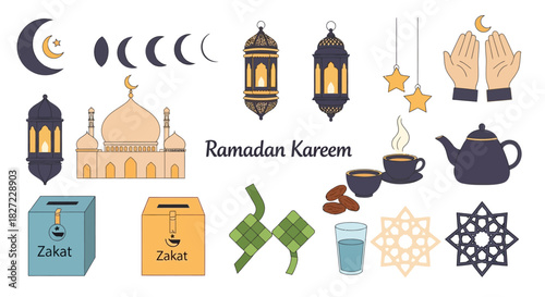 Ramadan Kareem Illustration with Mosque, Lanterns, and Islamic Symbols.