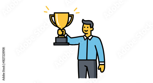 Triumphant Man Holding Golden Trophy Celebrating Victory and Achievement.