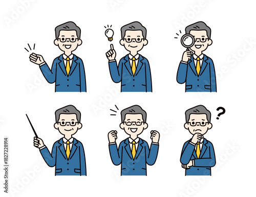 様々な表情・ポーズの、上司・社長・経営者の上半身ベクターイラスト素材セット＿カラー