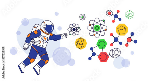 Astronaut Exploring Molecular Structures in Space Illustration.