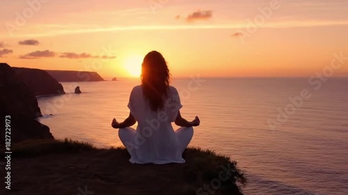 A woman meditates in a peaceful yoga pose on a cliff edge at a beautiful sunset over the ocean.