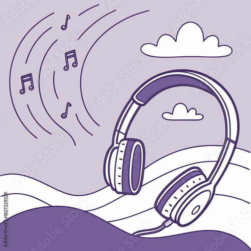 Overhead Headphones Emitting Music Notes in a Purple Scene