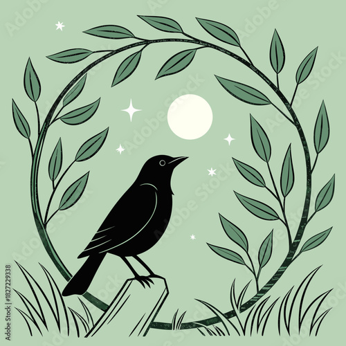Silhouette of a Bird Perched in a Leafy Wreath with Moon