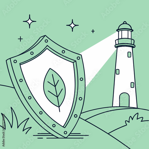 A Shield Featuring a Leaf with a Lighthouse for Environmental Safety