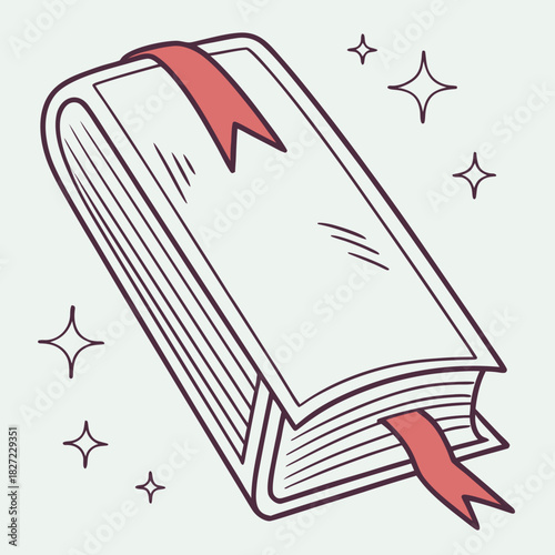 A closed book with bookmark ribbon showing design elements