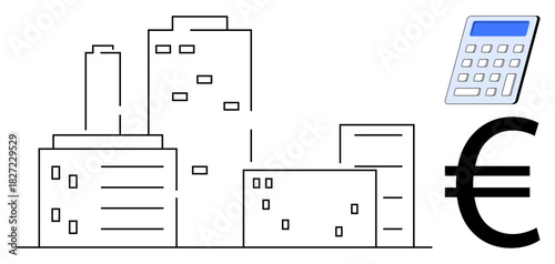 Buildings and structures with a calculator and Euro symbol emphasizing finance, business, investment, and urban development. Ideal for economy, budgeting, real estate, accounting services, corporate