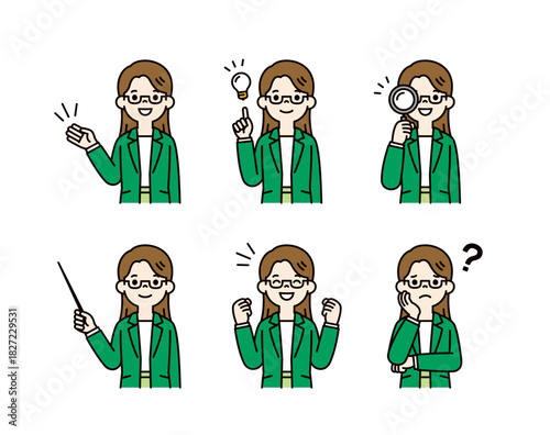 色々な表情・ポーズの、ジャケットを着た若い女性の上半身ベクターイラスト素材セット＿カラー