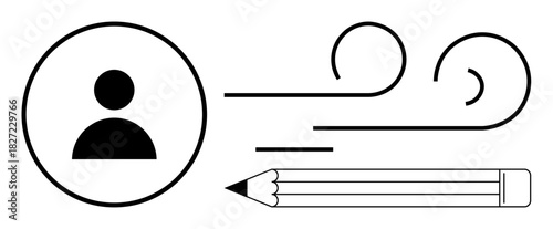 Black and white circle with a human figure, flowing abstract lines symbolizing motion or ideas, and a pencil design. Ideal for identity, creativity, motion, brainstorming, writing, imagination