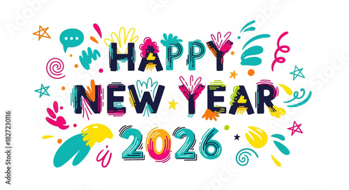 Doodle Style Happy New Year 2026 Typography – Hand-Drawn Flat Design
