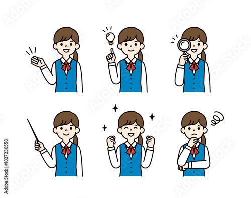 様々な表情・ポーズの、制服を着た若い女性・OLの上半身ベクターイラスト素材セット＿カラー