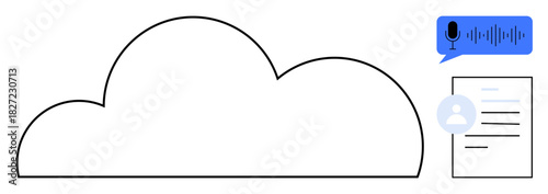 Large cloud shape, microphone voice input icon in blue text bubble with waveform, and document outline. Ideal for cloud computing, voice technology, data management, file organization, transcription
