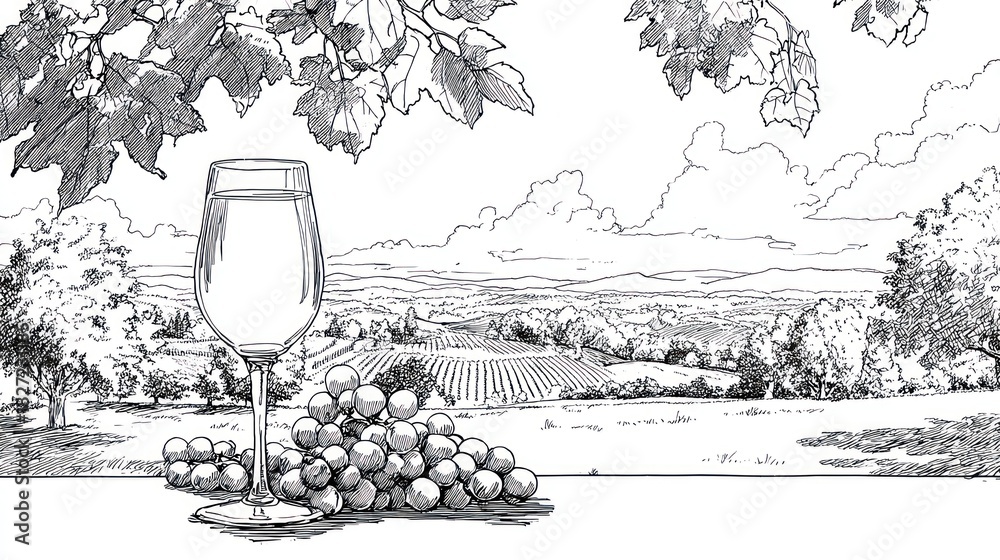 Naklejka premium Black and white illustration of wine glass, grapes, vineyard, and landscape under a cloudy sky