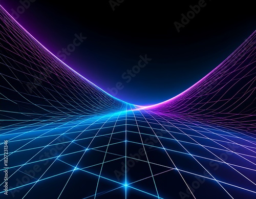 Futuristic glowing grid with neon lines creating an abstract digital landscape, representing data flow and virtual reality.