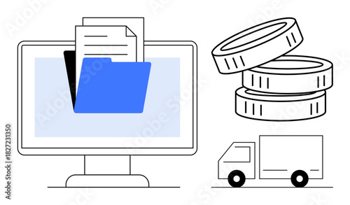 Computer screen with a folder and documents, stack of coins, and a delivery truck. Ideal for finance, logistics, business operations, e-commerce, payment systems, shipping management digital